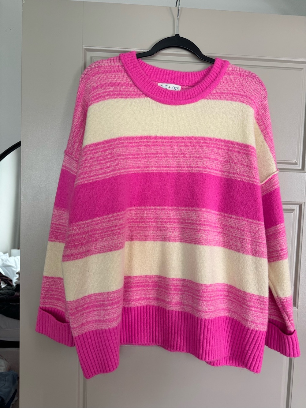 Pink & Cream Striped Crewneck Sweater